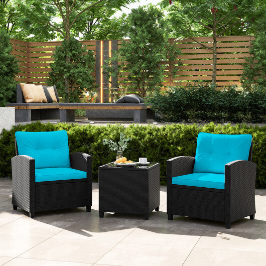 3 Pieces Patio Furniture Set with Tempered Glass Coffee Table-Turquoise - Color: Turquoise