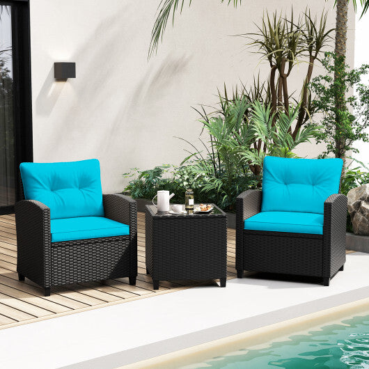 3 Pieces Patio Furniture Set with Tempered Glass Coffee Table-Turquoise - Color: Turquoise