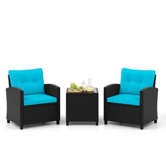 3 Pieces Patio Furniture Set with Tempered Glass Coffee Table-Turquoise - Color: Turquoise