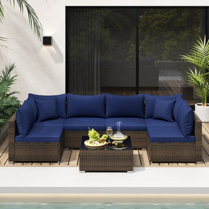 7 Pieces Patio Rattan Furniture Set with Sectional Sofa Cushions-Navy - Color: Navy