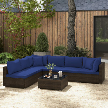 7 Pieces Patio Rattan Furniture Set with Sectional Sofa Cushions-Navy - Color: Navy