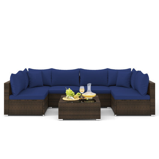 7 Pieces Patio Rattan Furniture Set with Sectional Sofa Cushions-Navy - Color: Navy