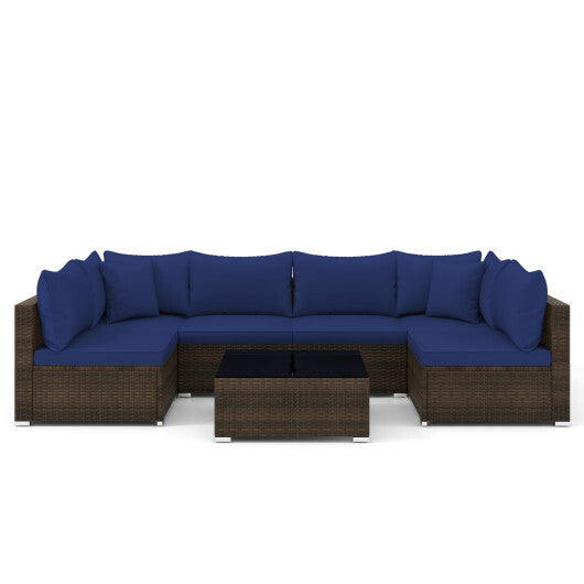 7 Pieces Patio Rattan Furniture Set with Sectional Sofa Cushions-Navy - Color: Navy