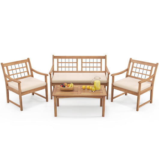 4 Piece Wood Patio Furniture with Armchairs Loveseat and Coffee Table-Off White - Color: Off White