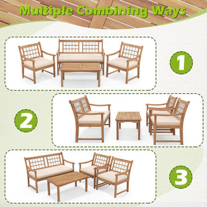 4 Piece Wood Patio Furniture with Armchairs Loveseat and Coffee Table-Off White - Color: Off White