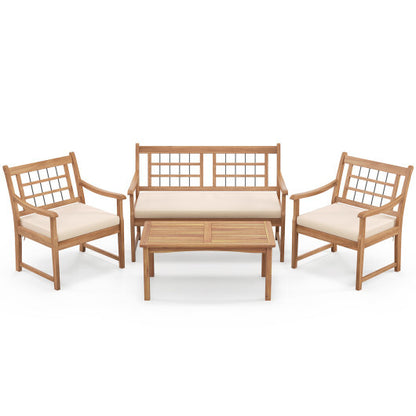 4 Piece Wood Patio Furniture with Armchairs Loveseat and Coffee Table-Off White - Color: Off White