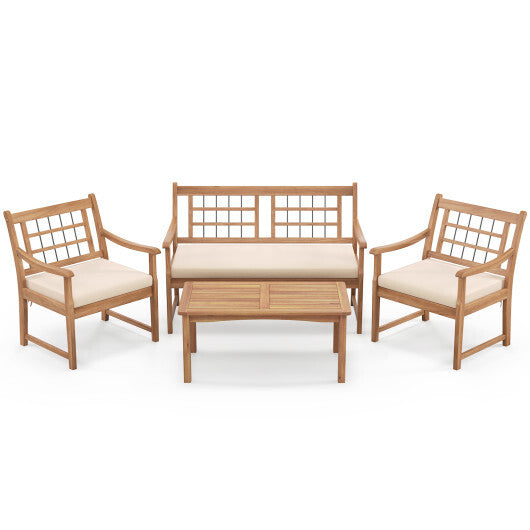 4 Piece Wood Patio Furniture with Armchairs Loveseat and Coffee Table-Off White - Color: Off White