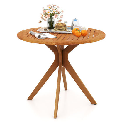 35.5 Inch Patio Wood Dining Table with Slatted Tabletop and Curved Legs - Color: Teak