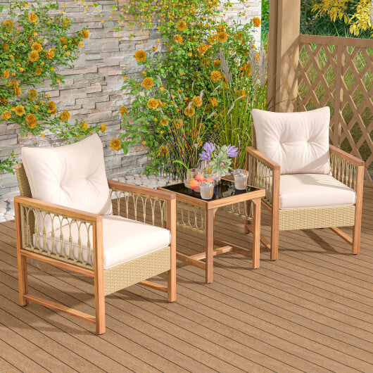 3 Pieces Patio Furniture Set with Acacia Wood Frame Cushions-Brown - Color: Brown