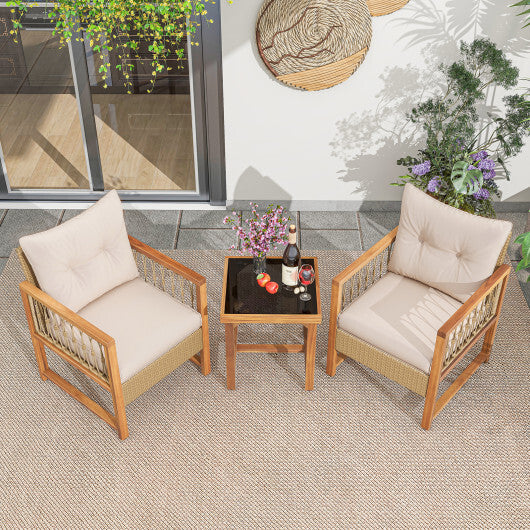 3 Pieces Patio Furniture Set with Acacia Wood Frame Cushions-Brown - Color: Brown