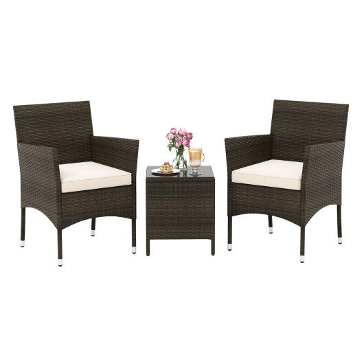 3 Pieces Outdoor Conversation Set with Cushioned Seat and Glass Tabletop-Beige - Color: Beige