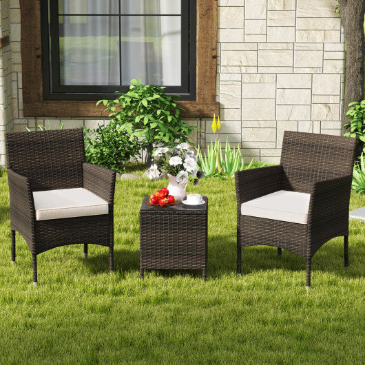 3 Pieces Outdoor Conversation Set with Cushioned Seat and Glass Tabletop-Beige - Color: Beige