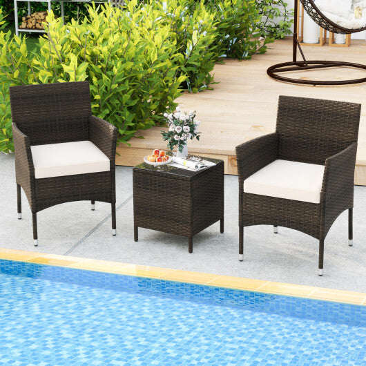 3 Pieces Outdoor Conversation Set with Cushioned Seat and Glass Tabletop-Beige - Color: Beige