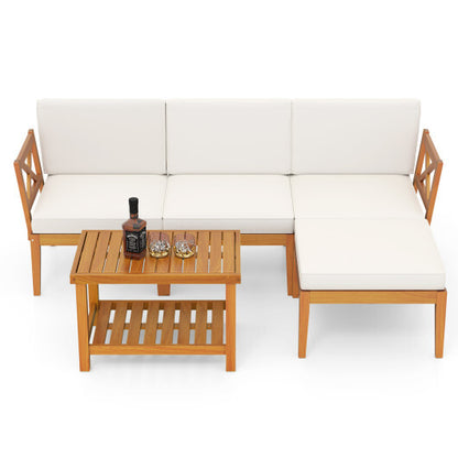 5 Pieces Acacia Wood Patio Furniture Set with 2-Tier Coffee Table and Cushions-White - Color: White