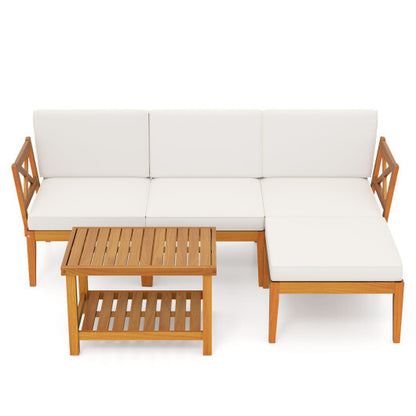 5 Pieces Acacia Wood Patio Furniture Set with 2-Tier Coffee Table and Cushions-White - Color: White