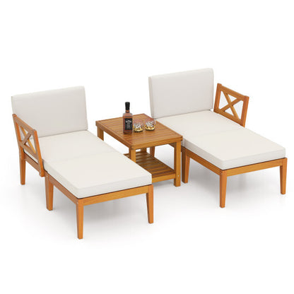 5 Pieces Acacia Wood Patio Chaise Lounge Chair Set with Ottoman and Cushions-White - Color: White