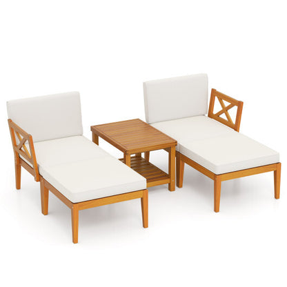 5 Pieces Acacia Wood Patio Chaise Lounge Chair Set with Ottoman and Cushions-White - Color: White