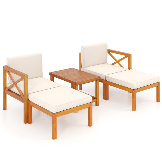 5 Pieces Acacia Wood Patio Lounge Chair Set with Ottomans and Cushions-White - Color: White