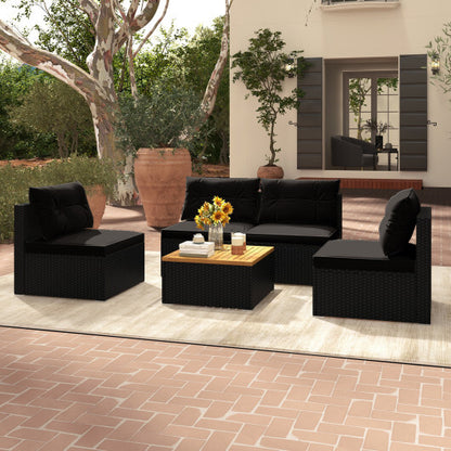 5 Piece Outdoor Furniture Set with Solid Tabletop and Soft Cushions-Black - Color: Black