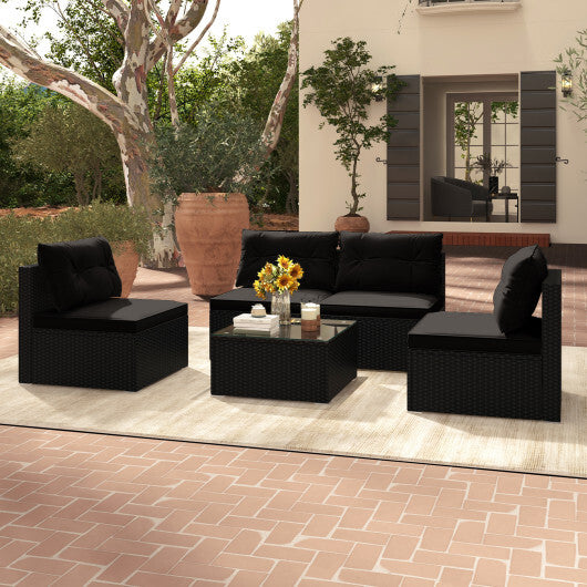 5-Piece Outdoor Patio Furniture Set with Cushions and Coffee Table-Black - Color: Black