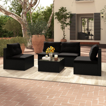 5-Piece Outdoor Patio Furniture Set with Cushions and Coffee Table-Black - Color: Black