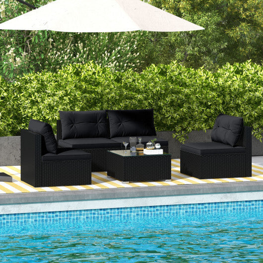 5-Piece Outdoor Patio Furniture Set with Cushions and Coffee Table-Black - Color: Black