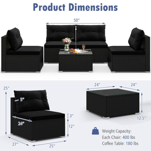 5-Piece Outdoor Patio Furniture Set with Cushions and Coffee Table-Black - Color: Black