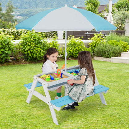 3-in-1 Kids Outdoor Picnic Water Sand Table with Umbrella Play Boxes-Blue - Color: Blue