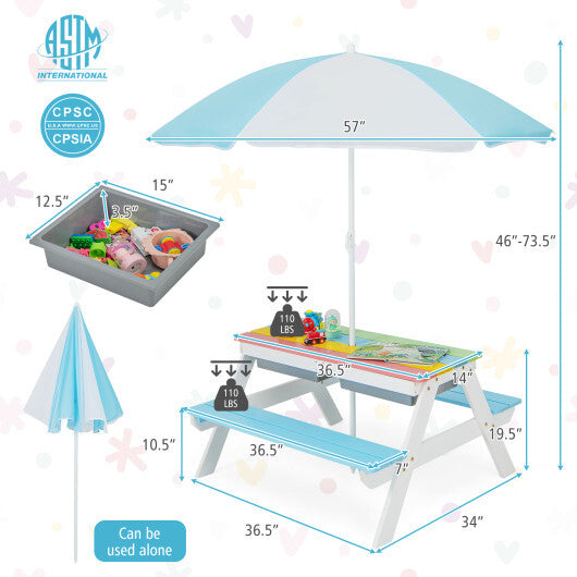 3-in-1 Kids Outdoor Picnic Water Sand Table with Umbrella Play Boxes-Blue - Color: Blue