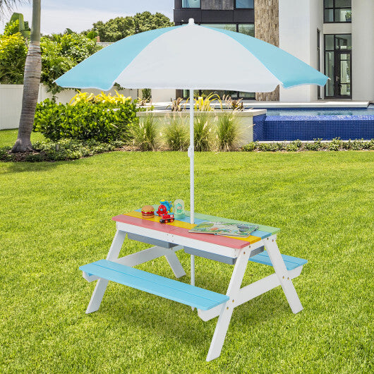 3-in-1 Kids Outdoor Picnic Water Sand Table with Umbrella Play Boxes-Blue - Color: Blue