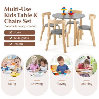 5-Piece Kids Wooden Curved Back Activity Table and Chair Set with Toy Bricks-Gray - Color: Gray