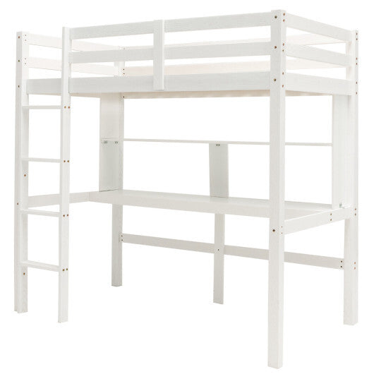 Twin Size Solid Wood Slatted Loft Bed Frame with Safety Guardrail for Kid-White - Color: White - Size: Twin Size