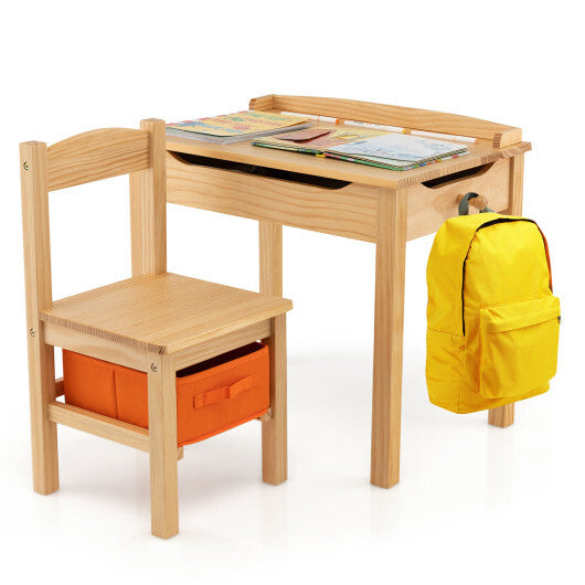 Wood Activity Kids Table and Chair Set with Storage Space-Natrual - Color: Natural