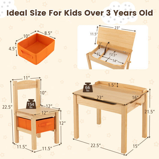 Wood Activity Kids Table and Chair Set with Storage Space-Natrual - Color: Natural