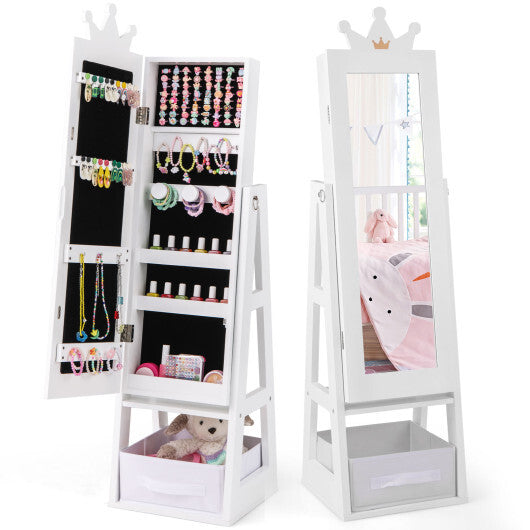 Free-Standing Full Length Kids Jewelry Armoire Cabinet with Storage Capacity-White - Color: White