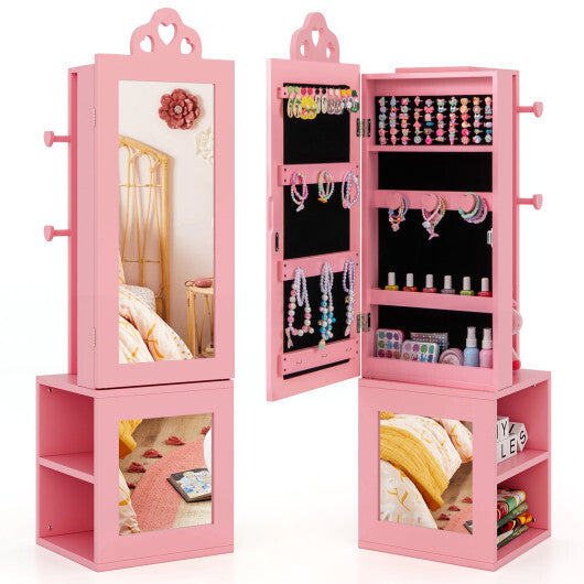 3-in-1 Freestanding Kids Jewelry Cabinet Armoire with Full Length Mirror-Pink - Color: Pink