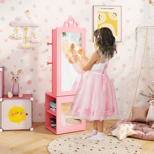 3-in-1 Freestanding Kids Jewelry Cabinet Armoire with Full Length Mirror-Pink - Color: Pink