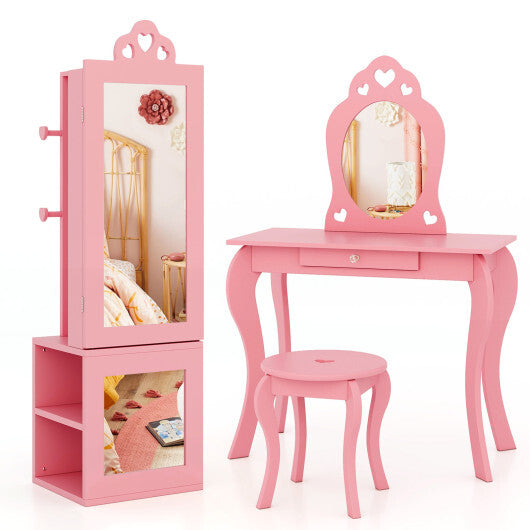 3-in-1 Freestanding Kids Jewelry Cabinet Armoire with Full Length Mirror-Pink - Color: Pink