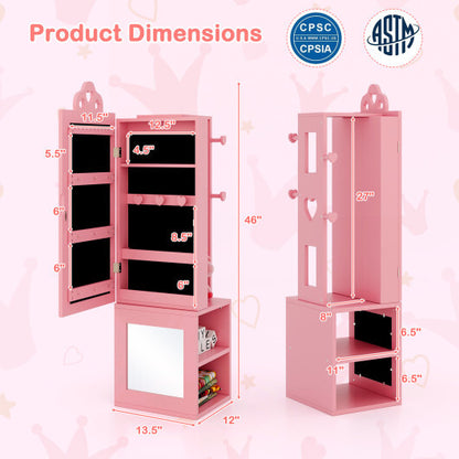 3-in-1 Freestanding Kids Jewelry Cabinet Armoire with Full Length Mirror-Pink - Color: Pink