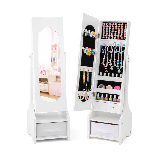 Freestanding Kids Jewelry Armoire Cabinet with Storage and 2 Tilt Angles-White - Color: White