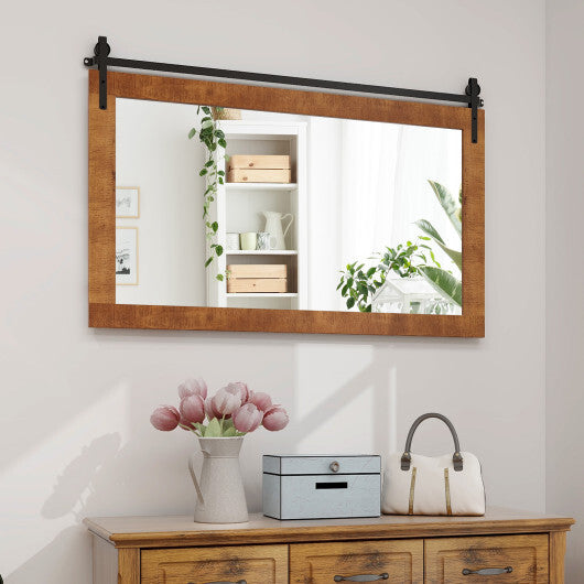 40 Inch x 26 Inch Rectangle Barn Door Style Wall Mounted Mirror with Solid Wood Frame and Metal Bracket-Brown - Color: Brown