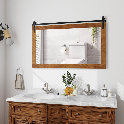 40 Inch x 26 Inch Rectangle Barn Door Style Wall Mounted Mirror with Solid Wood Frame and Metal Bracket-Brown - Color: Brown