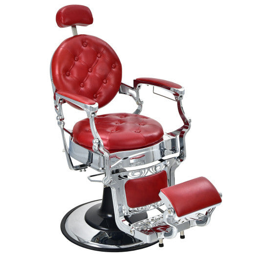 Vintage Barber Chair with Adjustable Height and Headrest-Red - Color: Red