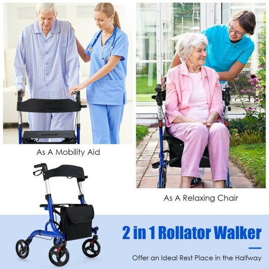 Folding Aluminum Rollator Walker with 8 inch Wheels and Seat-Blue - Color: Blue