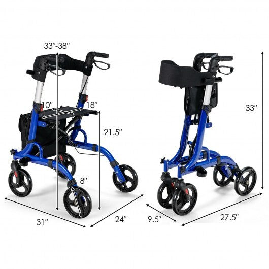 Folding Aluminum Rollator Walker with 8 inch Wheels and Seat-Blue - Color: Blue