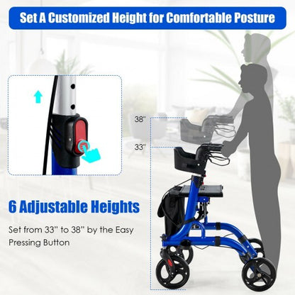 Folding Aluminum Rollator Walker with 8 inch Wheels and Seat-Blue - Color: Blue