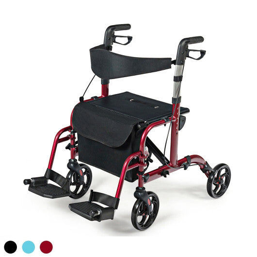 2-in-1 Adjustable Folding Handle Rollator Walker with Storage Space-Red - Color: Red