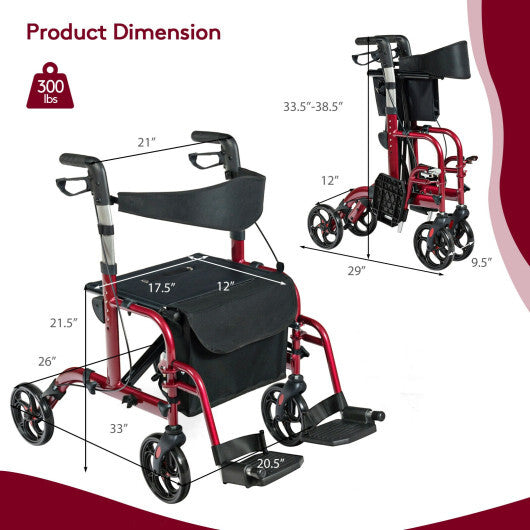 2-in-1 Adjustable Folding Handle Rollator Walker with Storage Space-Red - Color: Red