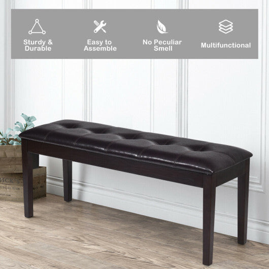 Upholstered Dining Room PU Bench Solid Wood Button Tufted-Brown - Color: Brown