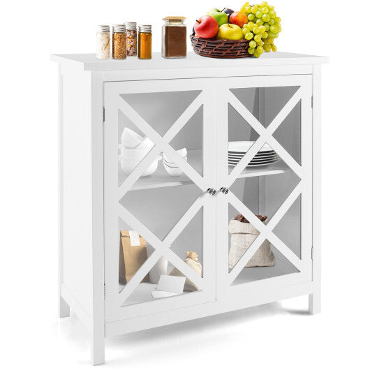 Freestanding Kitchen Buffet Cabinet with Glass Doors and Adjustable Shelf-White - Color: White